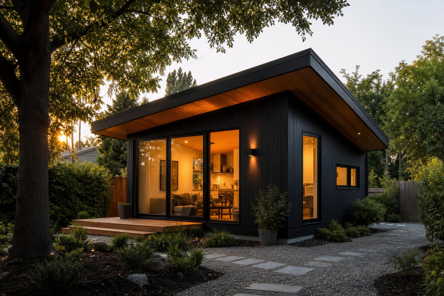 Matte-black studio ADU at dusk
