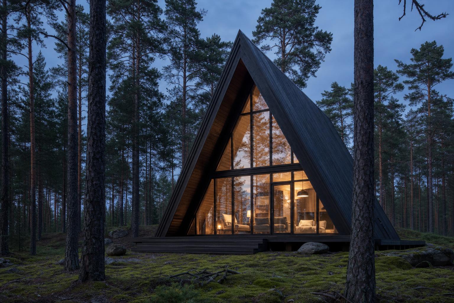 A-frame cabin with tall glazing